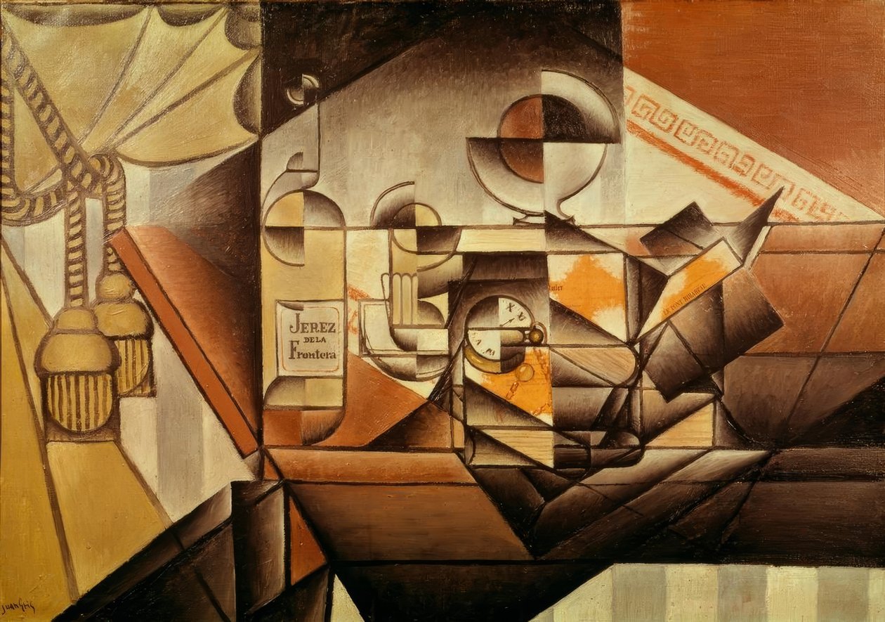 Kompozycja z zegarkiem. (Zegarek i butelka Jerez) autorstwa Juan Gris
