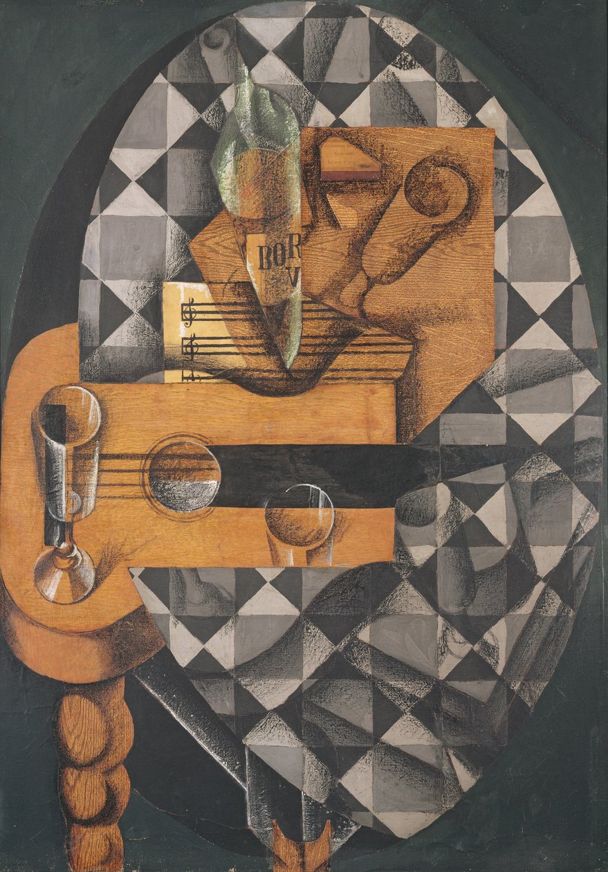 Gitara, butelka i szkło, 1914 (papiery klejone, gwasz i kredka na płótnie) autorstwa Juan Gris