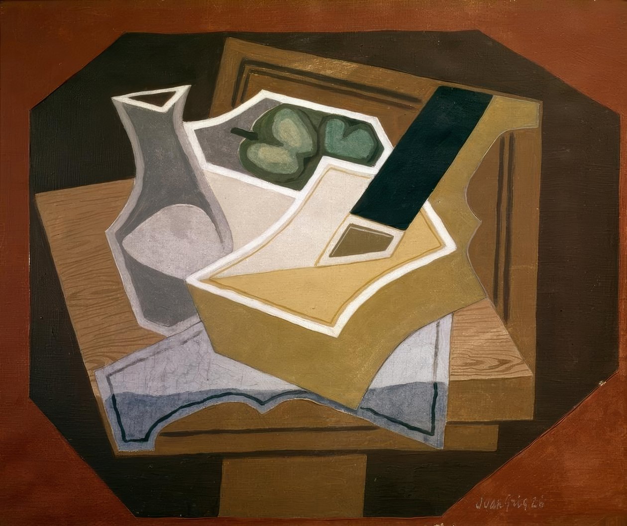 Gitara, jabłka i karaffe autorstwa Juan Gris