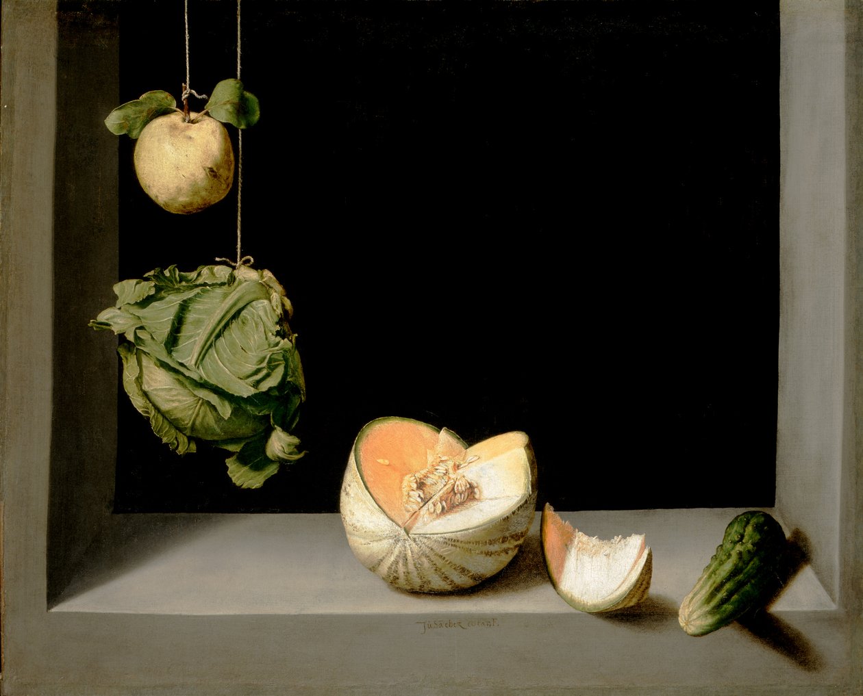 Pigwa, kapusta, melon i ogórek, ok. 1602 autorstwa Juan Sanchez Cotan