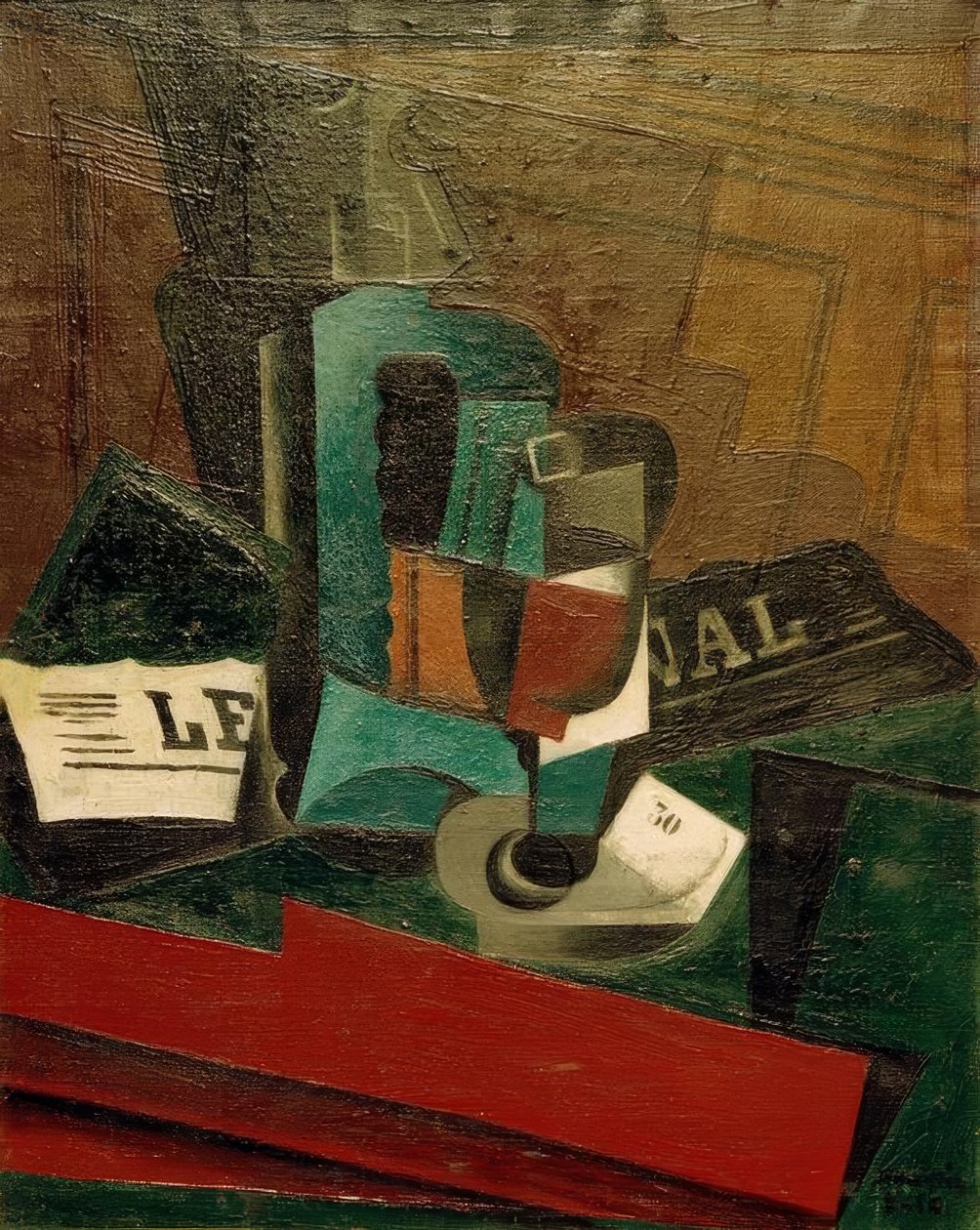 Syfon, szkło i gazeta autorstwa Juan Gris