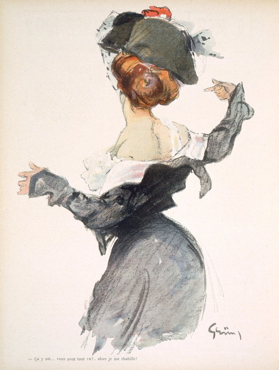Karykatura kobiety wykonującej pospieszny striptiz podczas I wojny światowej, z „La Baionnette”, 1915 autorstwa Jules Alexandre Gruen or Grun