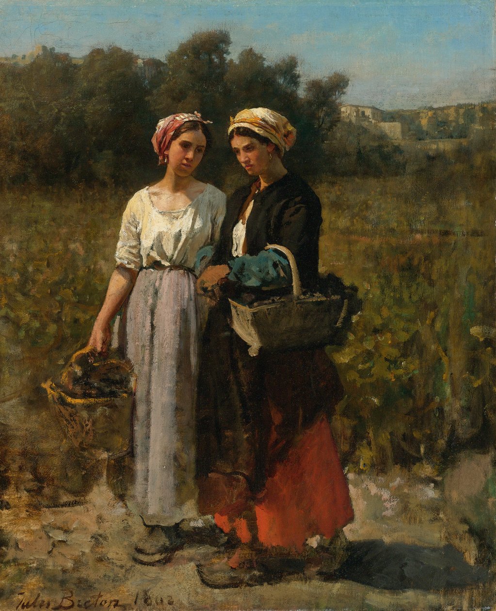 Dwie młode kobiety zbierające winogrona autorstwa Jules Breton