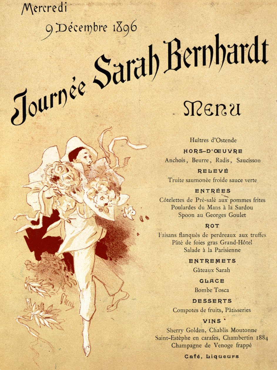 Środa 9 grudnia 1896, Journee Sarah Bernhardt, Karta Menu, 1896 (patrz także 245010) autorstwa Jules Cheret