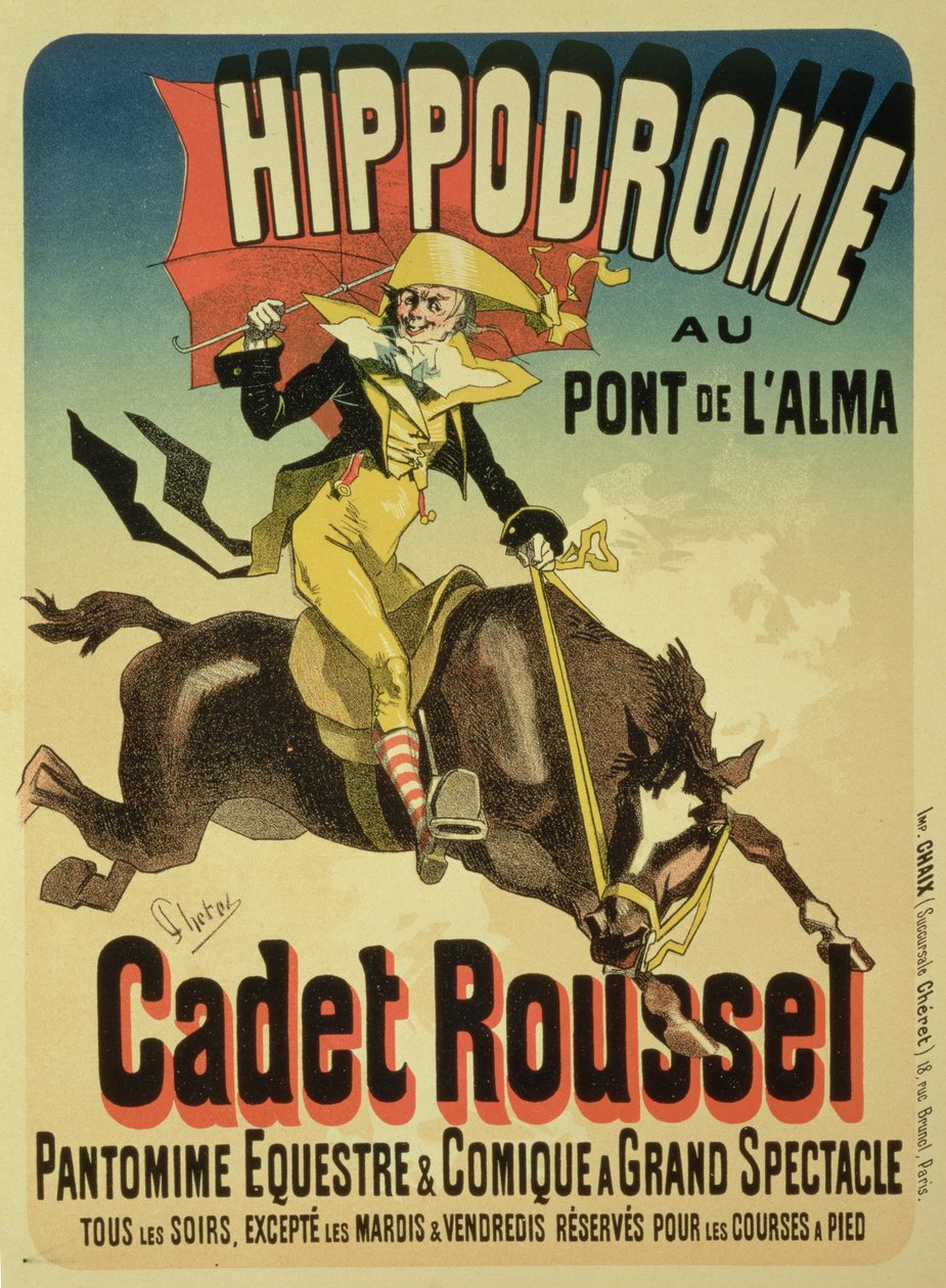 Reprodukcja plakatu reklamującego spektakl jeździecki „Cadet Roussel” na Hipodromie, 1882 autorstwa Jules Cheret