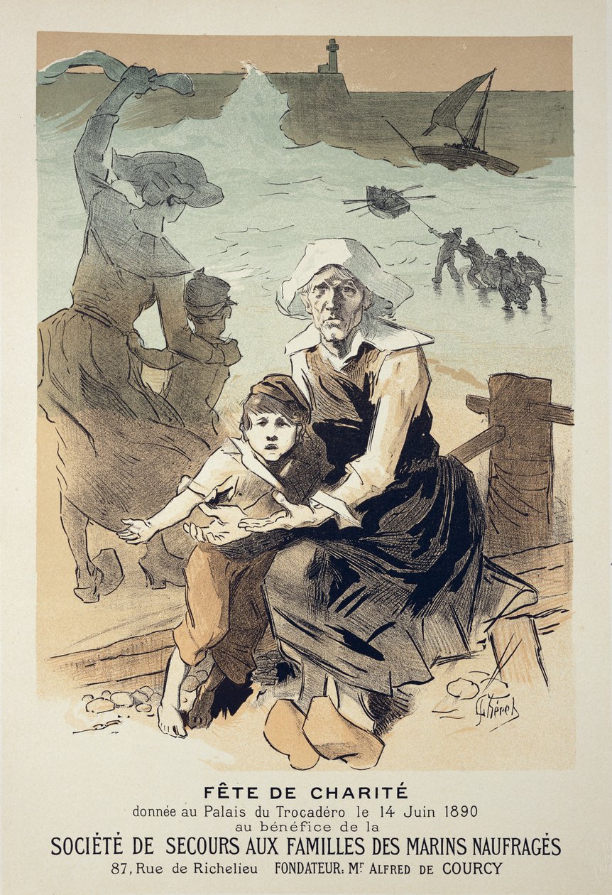 Reprodukcja plakatu reklamującego „Partię charytatywną na rzecz Towarzystwa Pomocy Rodzinom Rozbitków”, Palais du Trocadero, Paryż, 1890 autorstwa Jules Cheret