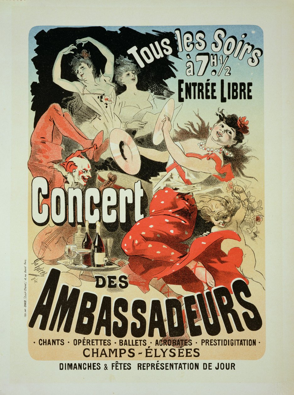 Reprodukcja plakatu reklamującego „Koncert ambasadorów”, Pola Elizejskie, Paryż, 1884 autorstwa Jules Cheret