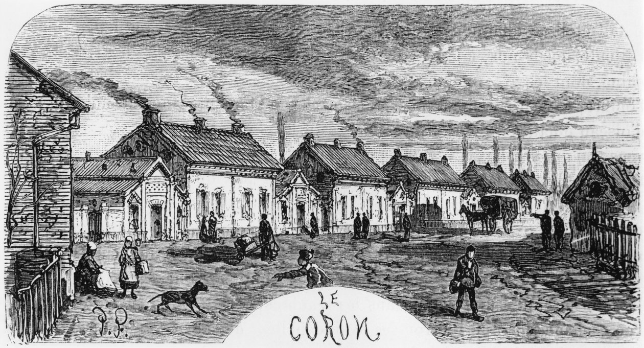 Wioska górnicza, ilustracja z „Germinal” Emile Zola (1840-1902) sztychowana przez Desire Dumont (XIX w.), wydanie 1886 autorstwa Jules Ferat