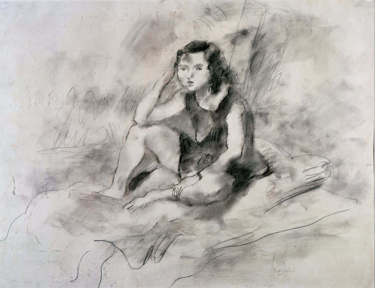 Siedząca dziewczyna (akwarela i atrament, ok. 1910) autorstwa Jules Pascin