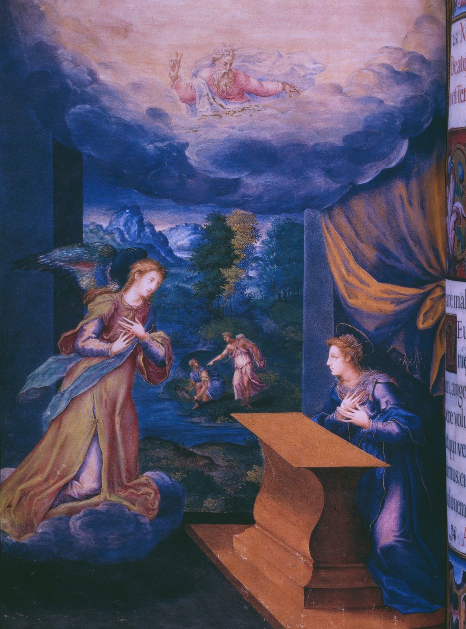Fol.5v, Zwiastowanie, z faksymile brewiarza króla Hiszpanii Filipa II, 1569 (pergamin) autorstwa Julian and Leon, Andres de Fuente del Saz