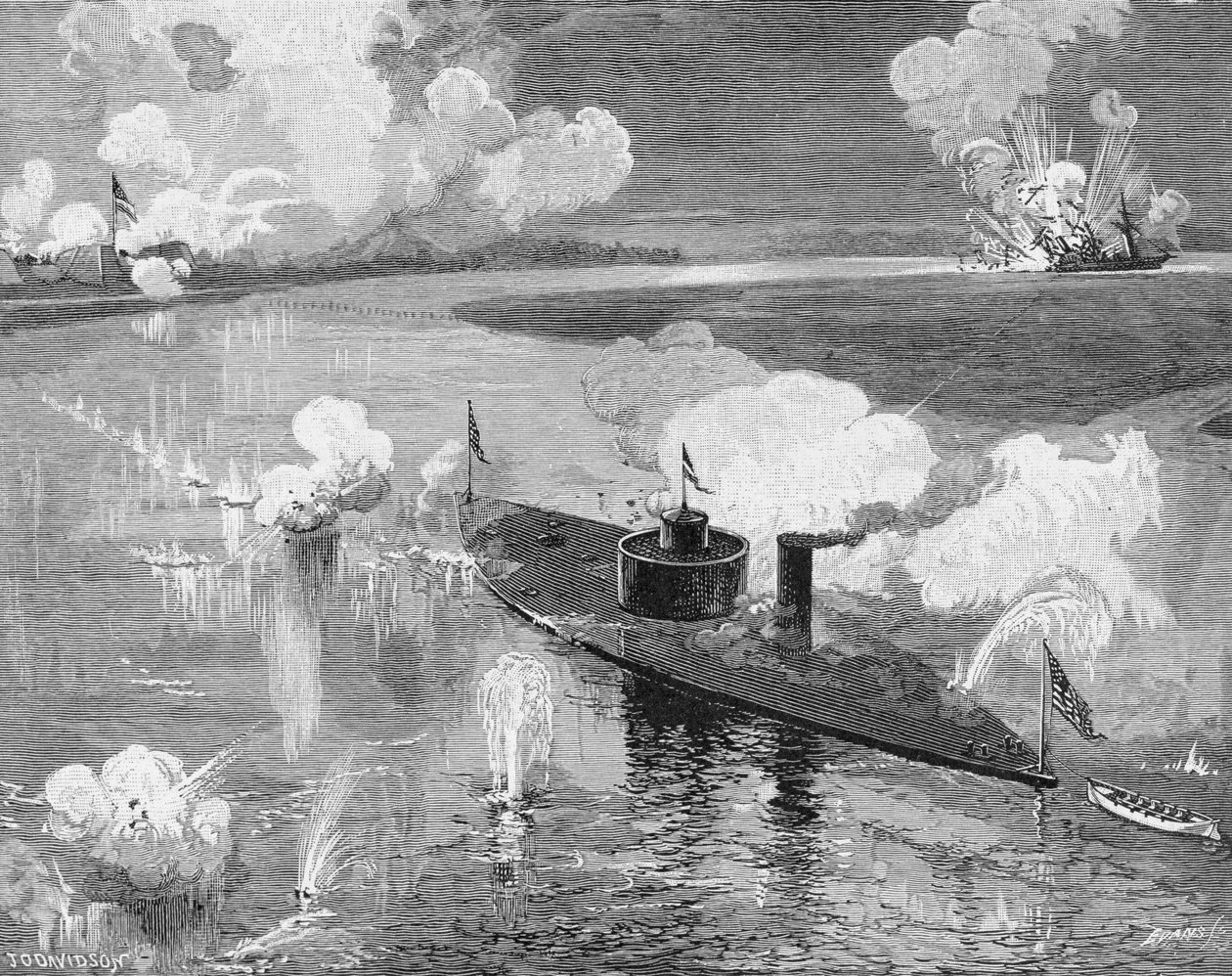 Monitor „Montauk” niszczący konfederackiego korsarza „Nashville” w pobliżu Fort McAllister, Ogeechee River, Georgia, 28 lutego 1863, grawerowany przez Johna Williama Evansa (ur. 1855) ilustracja z „Bat autorstwa Julian Oliver Davidson