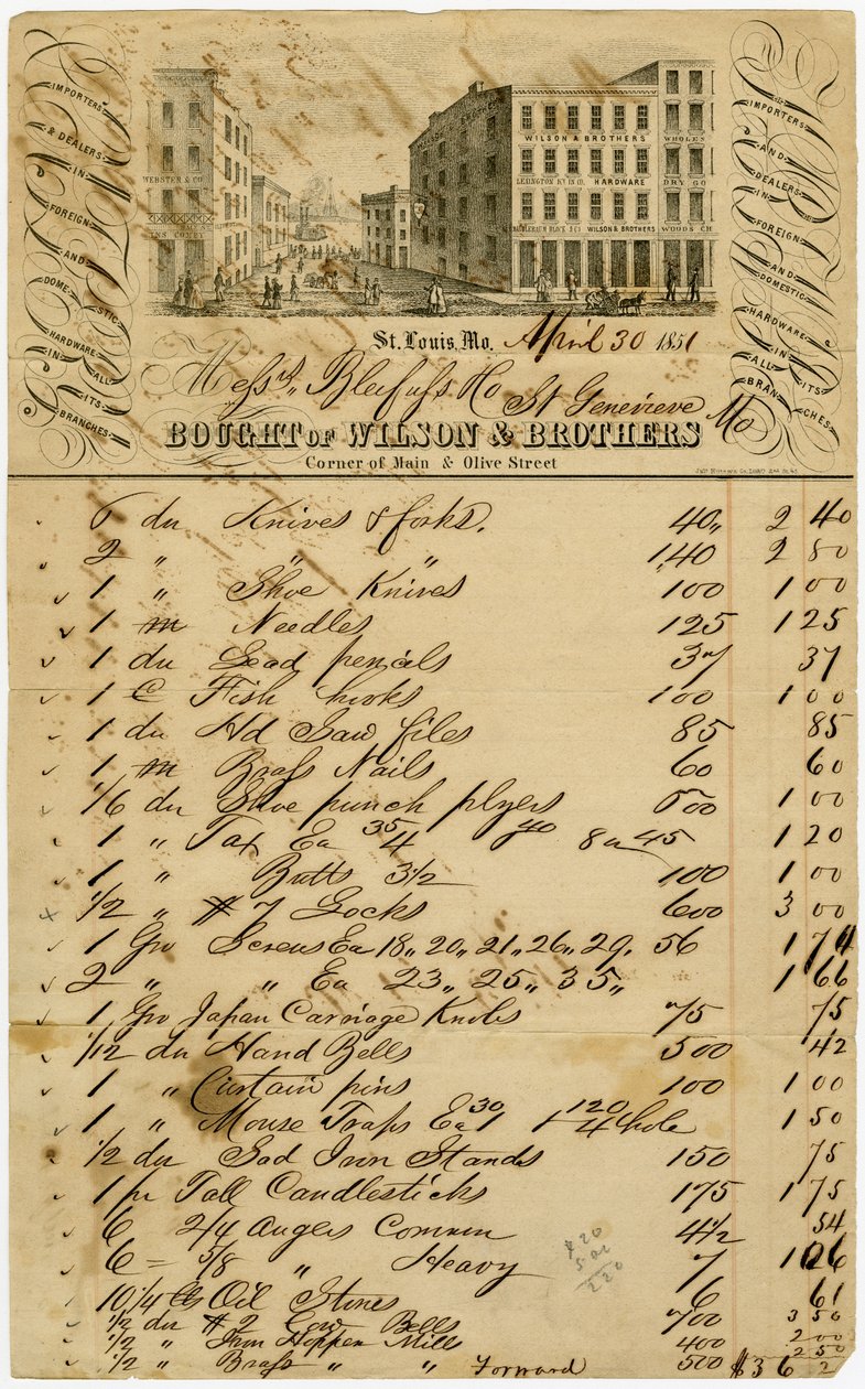 Papier firmowy to grawerowanie sceny w centrum St. Louis w Main i Olive. Wilson i Brothers byli importerami i dealerami sprzętu zagranicznego i krajowego we wszystkich swoich oddziałach autorstwa Julius Hutawa Co.