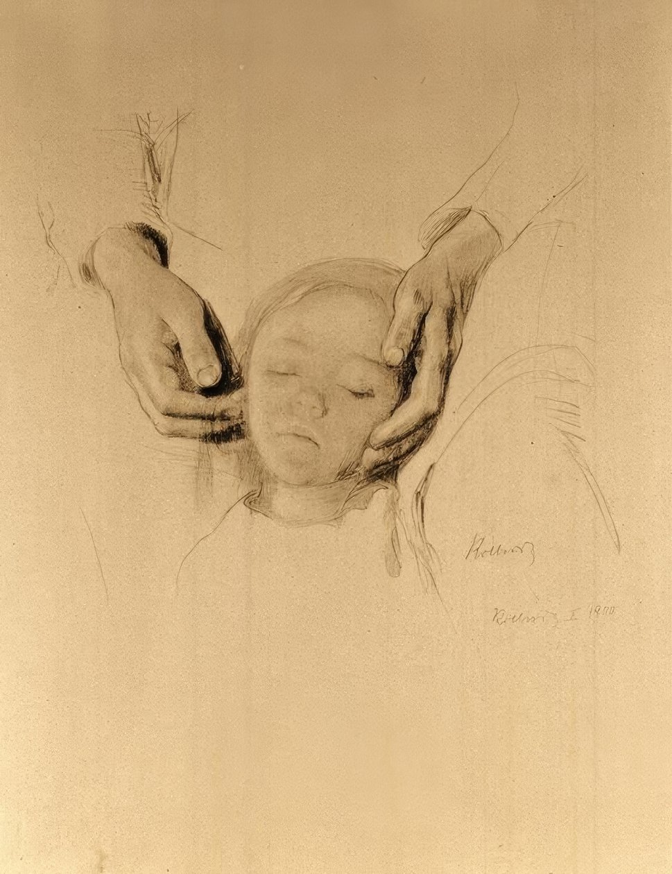 K. Kollwitz, głowa dziecka w dłoniach. autorstwa Käthe Kollwitz