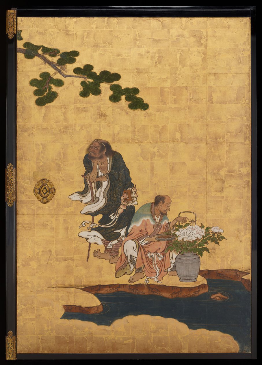 Taoist Immortals, ok. 1647 (atrament, kolory i złoto na papierze) autorstwa Kano Sansetsu