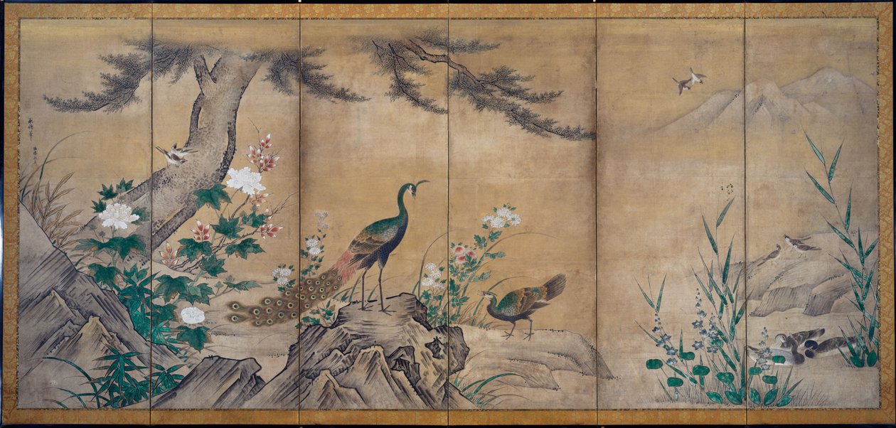 Ptaki, drzewa i kwiaty, koniec XVI wieku. autorstwa Kano Mitsunobu
