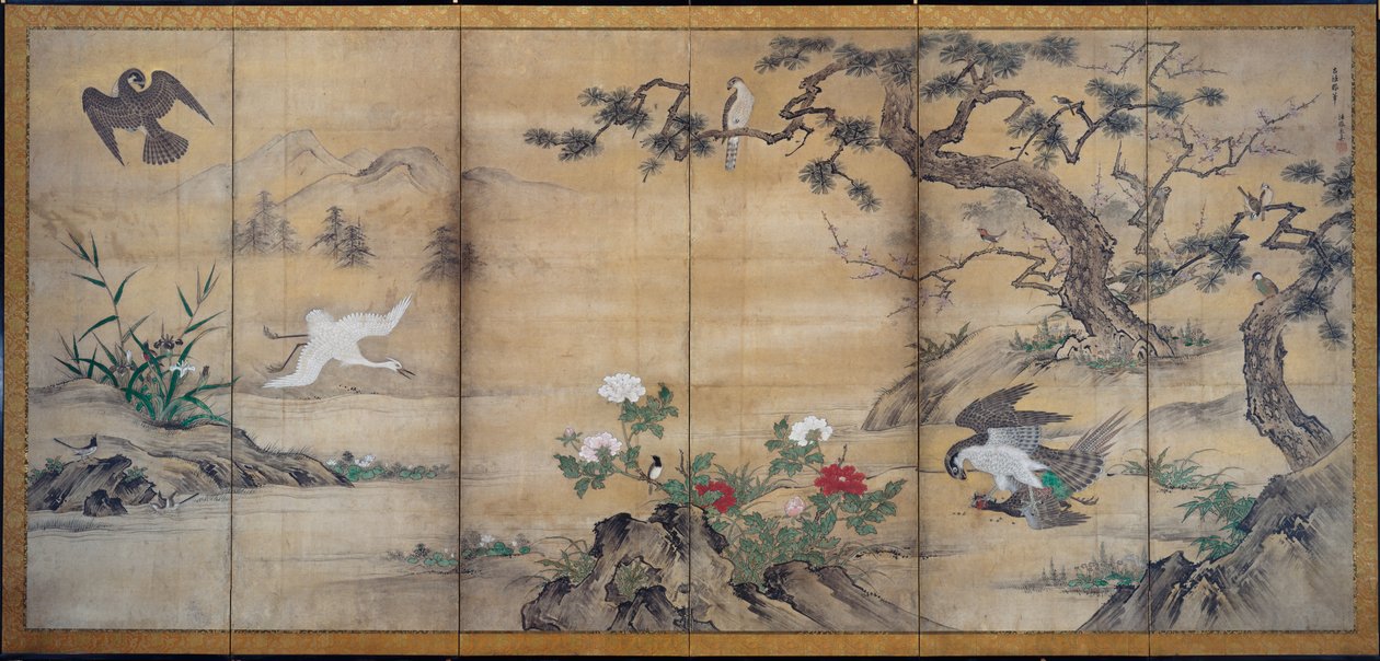 Ptaki, drzewa i kwiaty, koniec XVI wieku. autorstwa Kano Mitsunobu