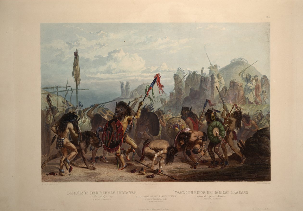 Taniec bizonów Indian Mandan przed ich lożą medyczną autorstwa Karl Bodmer