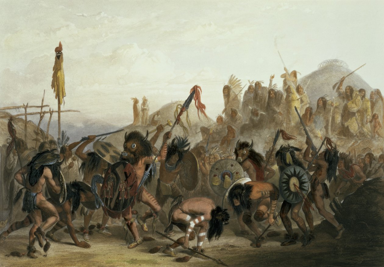 Taniec bizonów Indian Mandan przed ich Lożą Medycyny w Mih-Tutta-Hankush, płyta 18 z tomu 2 „Podróże po wnętrzu Ameryki Północnej”, grawerowane przez Alexandre Manceau, 1844 (aqua autorstwa Karl Bodmer
