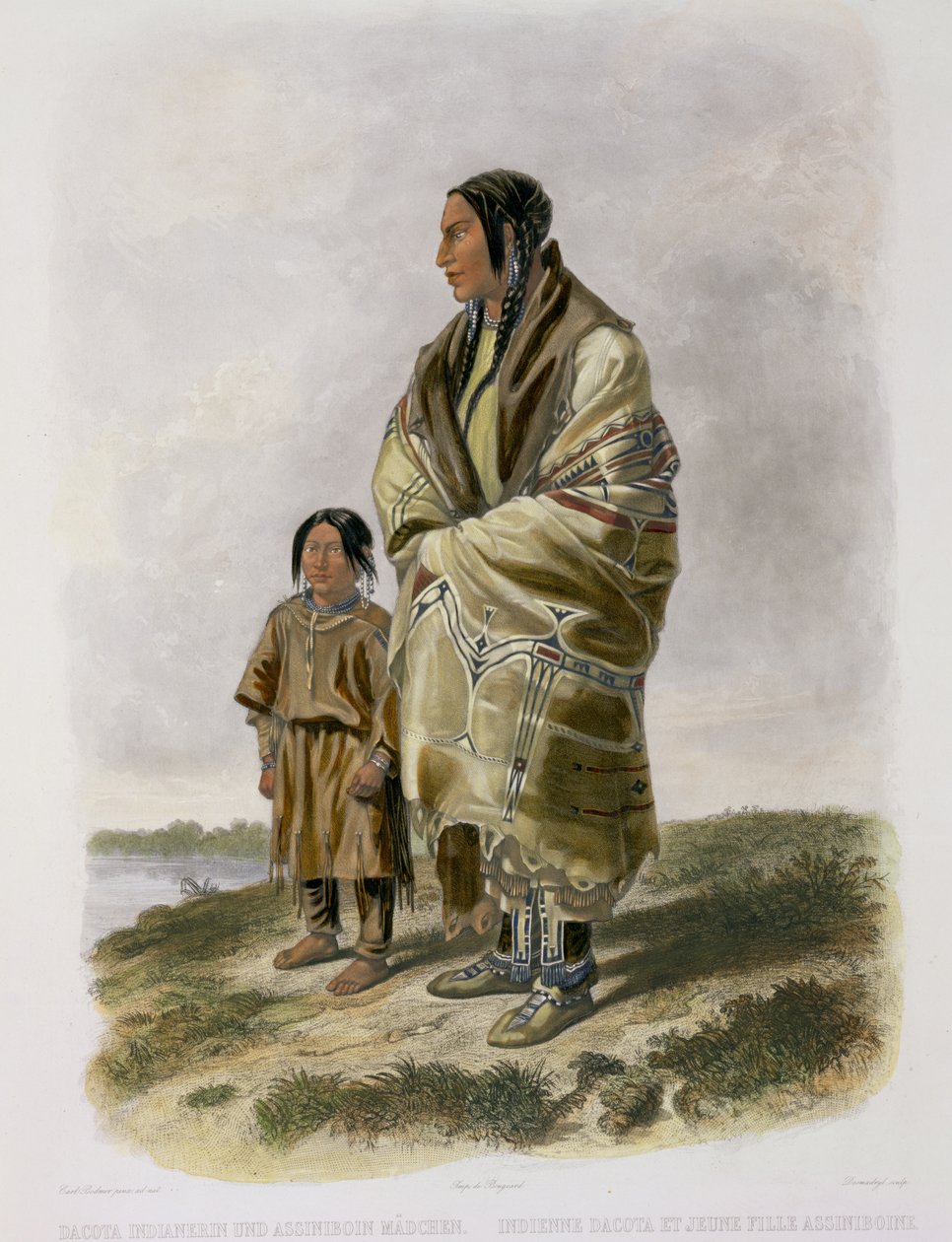 Dacota Woman and Assiniboin Girl, płyta 9 z tomu 2 „Podróże we wnętrzu Ameryki Północnej”, sztych. Narcisse Desmadryl, 1844 (akwatinta) autorstwa Karl Bodmer