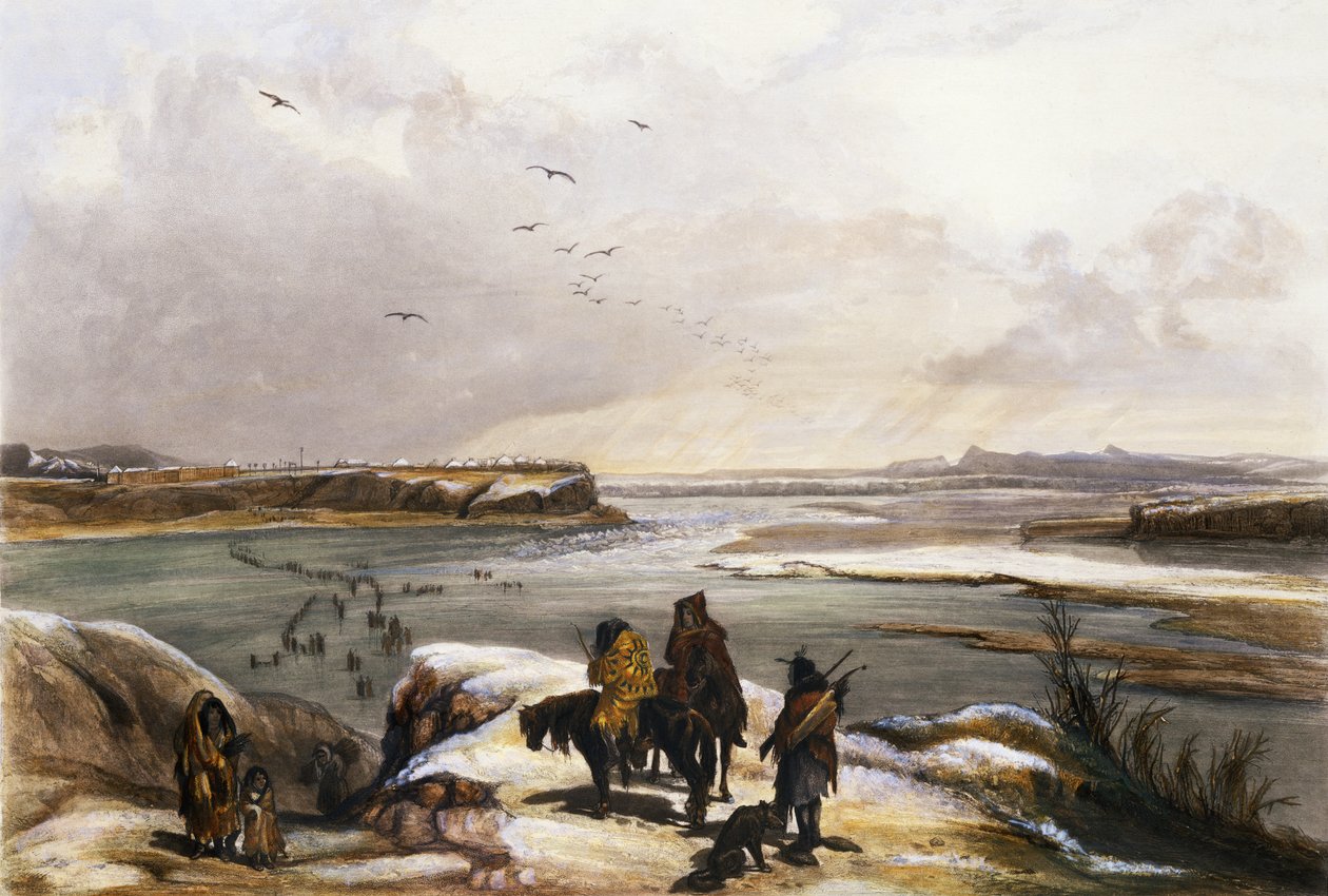 Fort Clark nad Missouri, luty 1834, płyta 15 z tomu 2 „Podróże we wnętrzu Ameryki Północnej”, grawerowana przez Lucasa Webera, 1844 (akwatinta) autorstwa Karl Bodmer