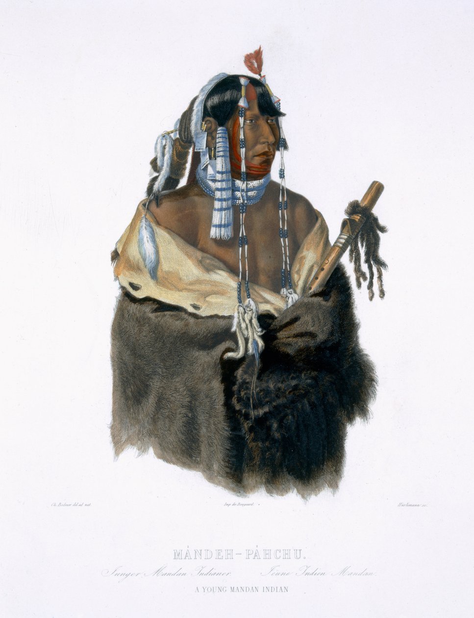 Mandeh-Pahchu, młody Indianin mandan, tablica 24 z tomu 1 „Podróże po wnętrzu Ameryki Północnej”, rytowana przez J. Hurlimanna, 1843 (akwatinta) autorstwa Karl Bodmer