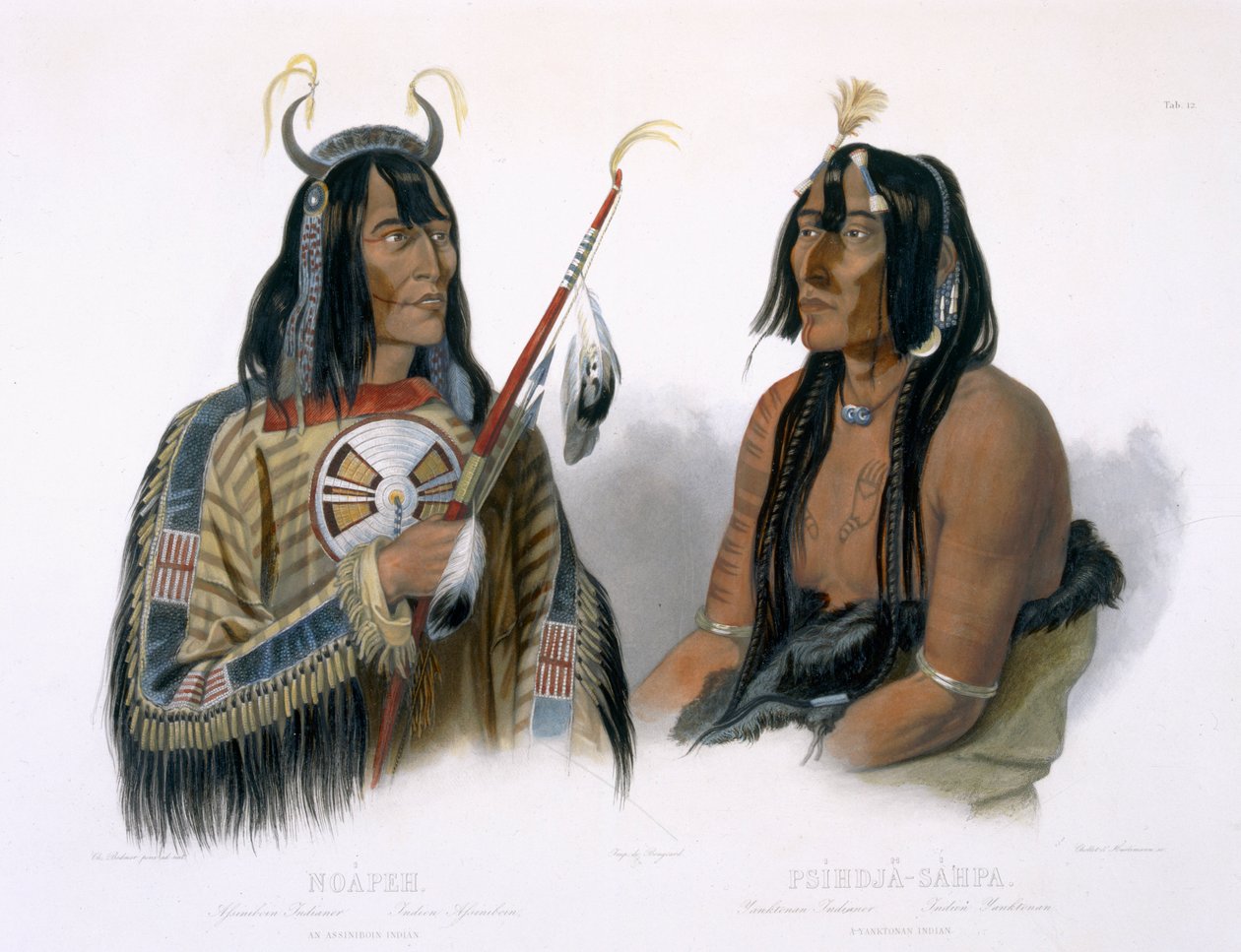 Noapeh, Indianin z plemienia Assiniboin i Psihdja-Sahpa, Indianin z plemienia Yanktonan, tablica 12 z tomu 2 "Podróży w głąb Ameryki Północnej", wyryta przez Cholleta i J. Hurlimanna, 1844 (akwatinta) autorstwa Karl Bodmer