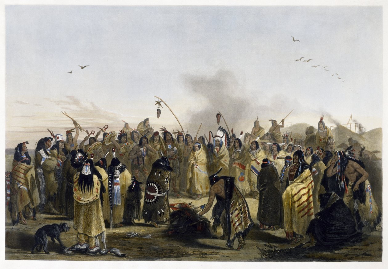 Scalp Dance of the Minitarres, 1843-1844 (akwatinta) autorstwa Karl Bodmer