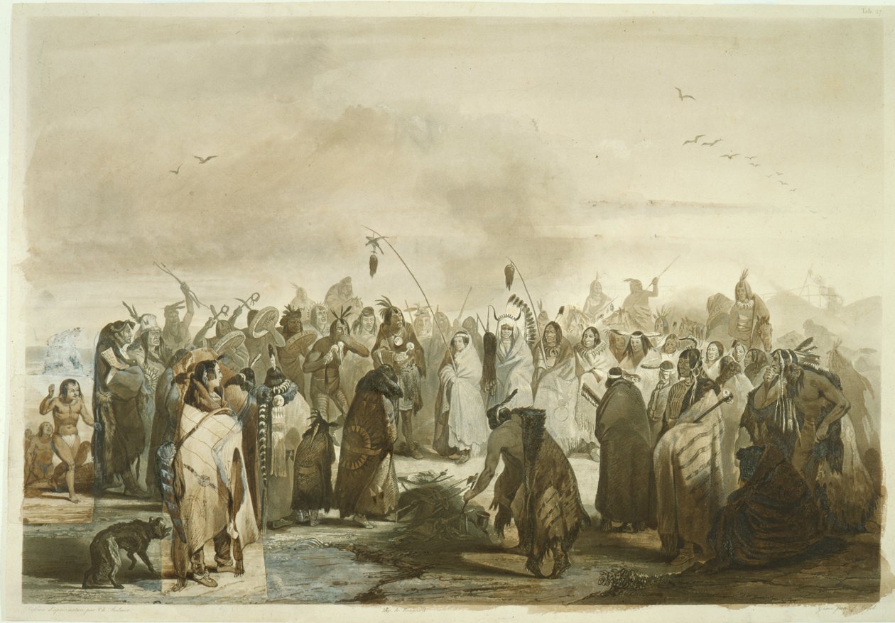 Taniec skóry głowy Minatarów, ok. 1833-43 (ołówek, długopis i toaleta na papierze) autorstwa Karl Bodmer