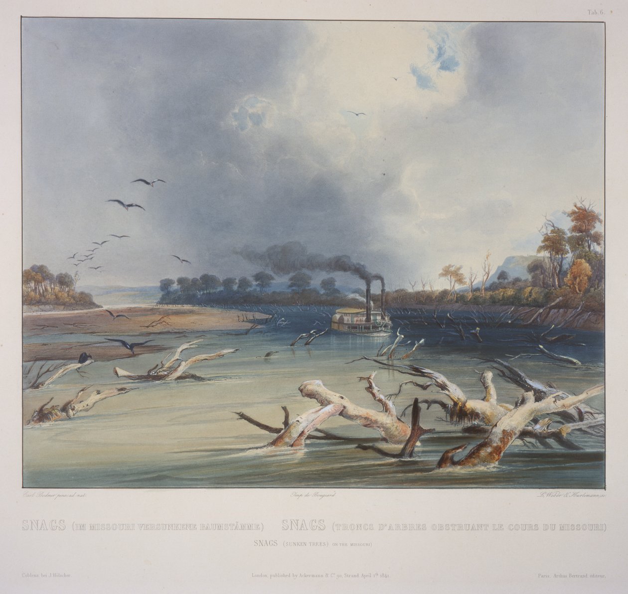 Snags (zatopione drzewa) na Missouri autorstwa Karl Bodmer