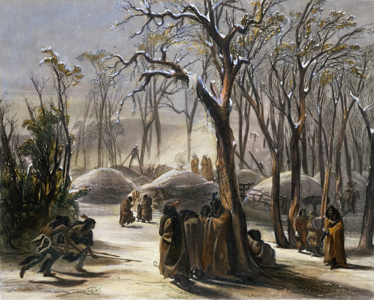 Zimowa Wioska Minatarów, tablica 26 z tomu 2 „Podróże we wnętrzu Ameryki Północnej”, sztychowana przez Narcisse Desmadryl, 1844 (akwatinta) autorstwa Karl Bodmer