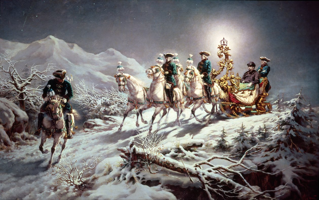 Ludwik II (1845-86) Bawarski kulig nocą z Neuschwanstein do Linderhof, 1888 r. autorstwa Karl Gottlieb Wenig
