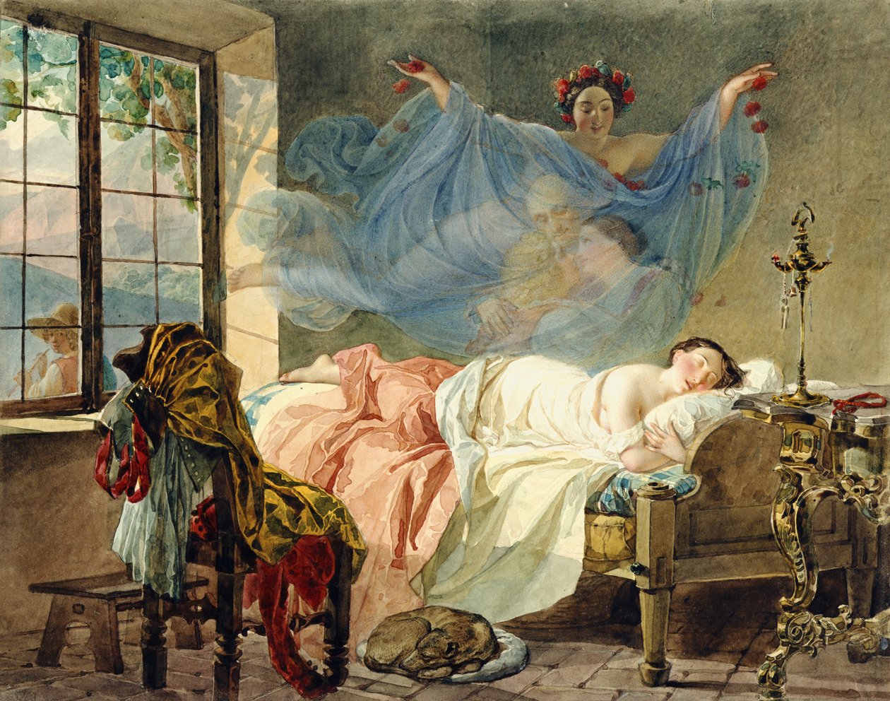 Marzenia młodej dziewczyny o świcie, 1830-33 (wc na karcie) autorstwa Karl Pavlovich Bryullov