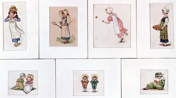 Kolekcja miniaturowych akwarel dzieci bawiących się autorstwa Kate Greenaway
