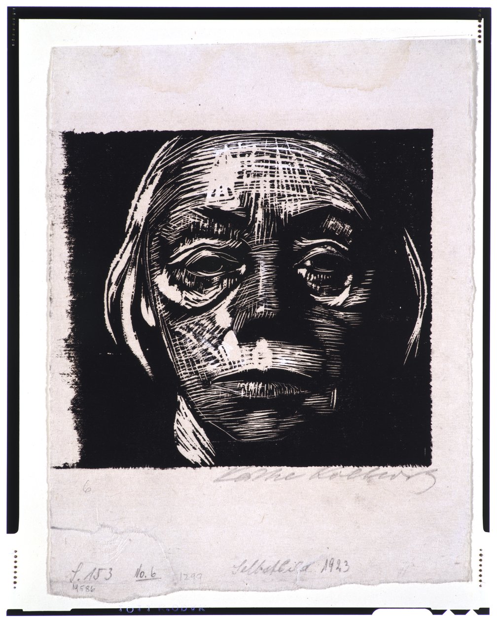 Autoportret, 1923 (drzeworyt, próba dotykowa na papierze tkanym) autorstwa Käthe Kollwitz