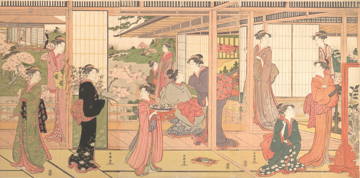 Otwarcie rezydencji na ogród, ca. 1786. autorstwa Katsukawa Shuncho