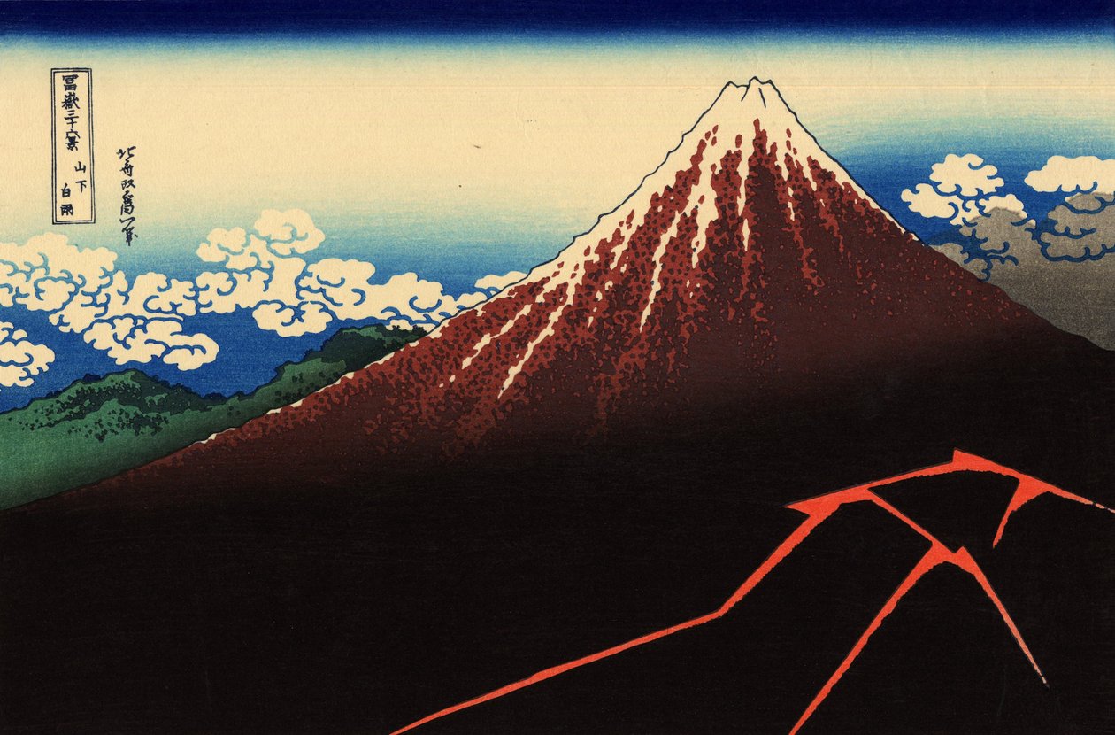 Ulewa pod szczytem autorstwa Katsushika Hokusai