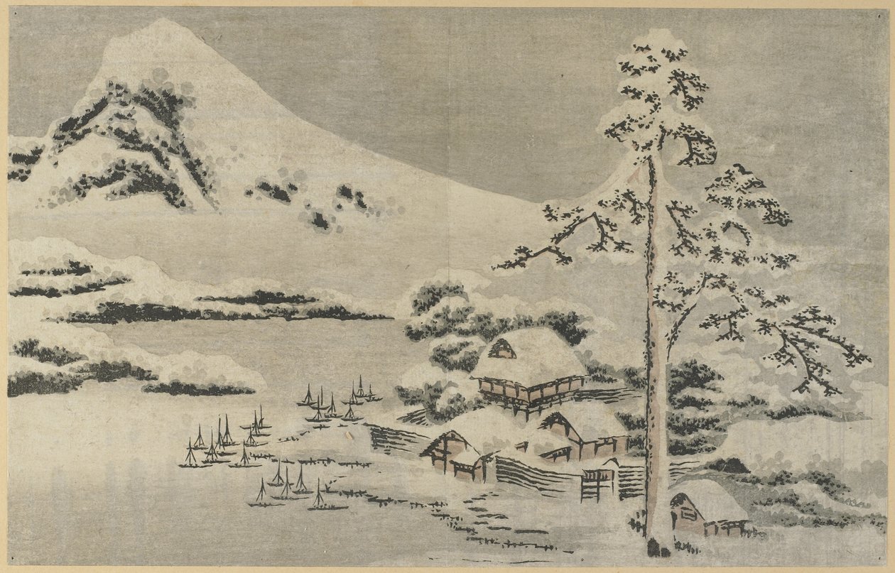 (Wioska nadmorska w śniegu), 1814 autorstwa Katsushika Hokusai