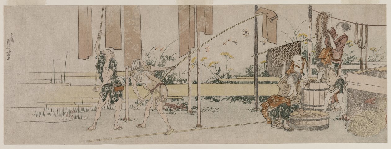 Farbiarki w pracy, c. 1800. autorstwa Katsushika Hokusai