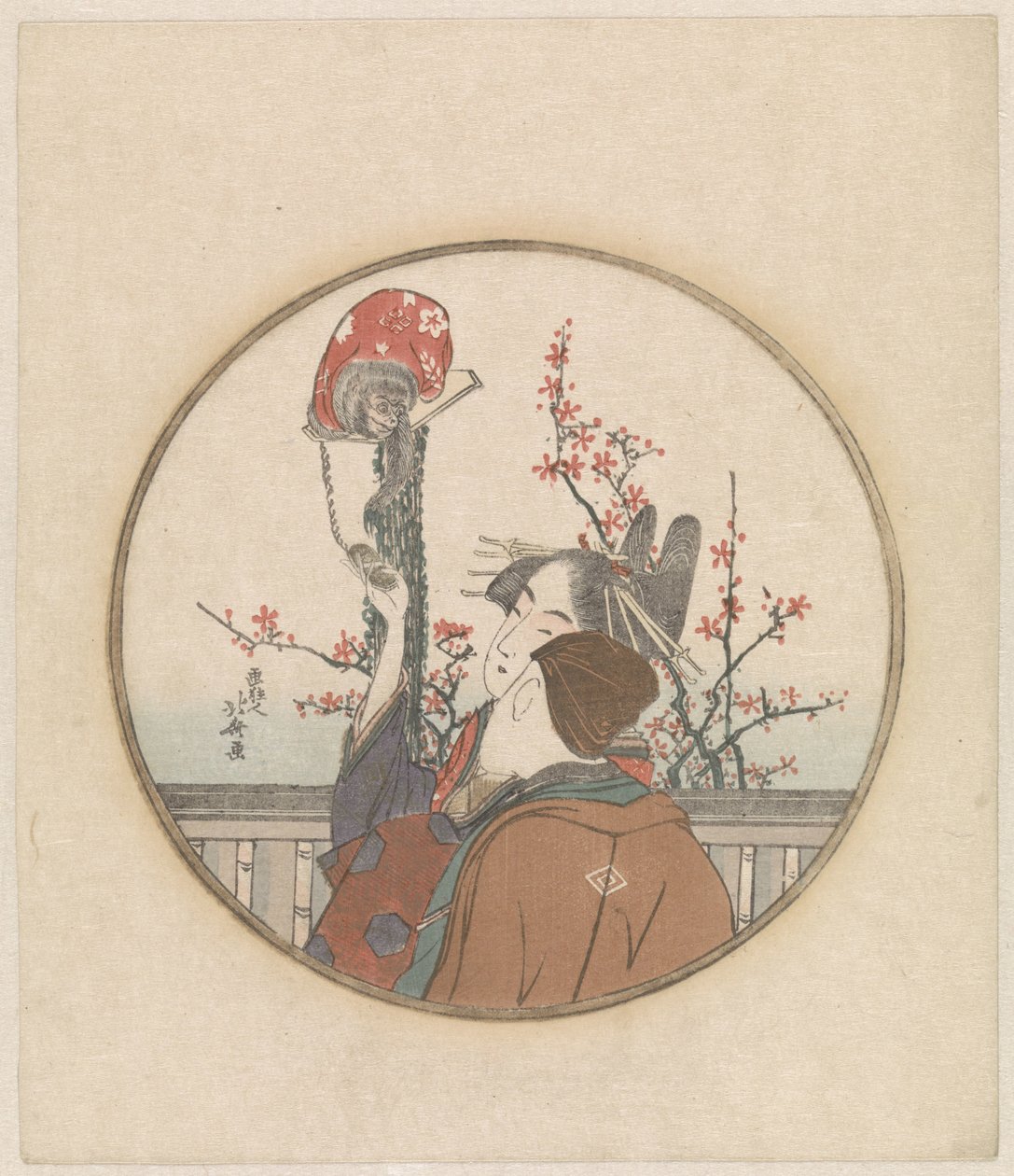 Para z gałęzią małpy i kwiatu autorstwa Katsushika Hokusai