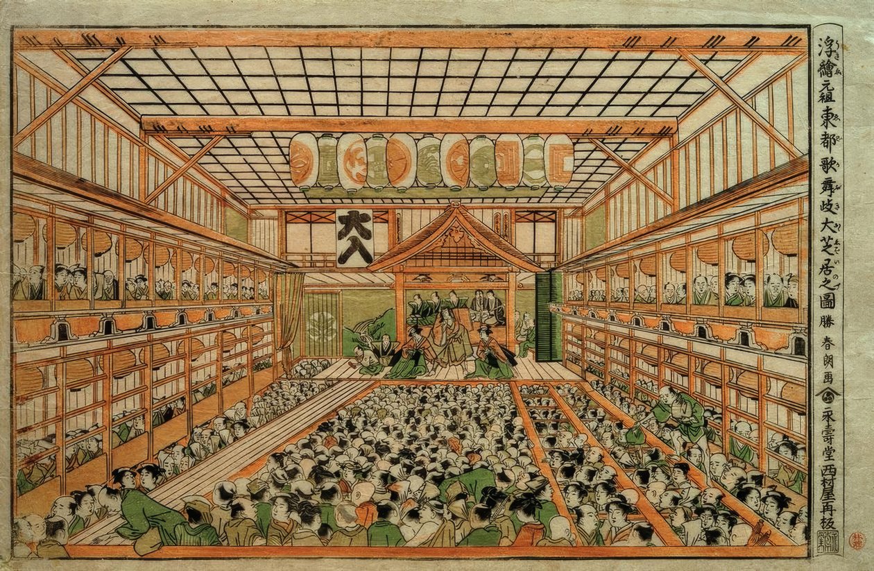 Oryginalny obraz perspektywiczny Teatru Wielkiego Kabuki w Edo autorstwa Katsushika Hokusai