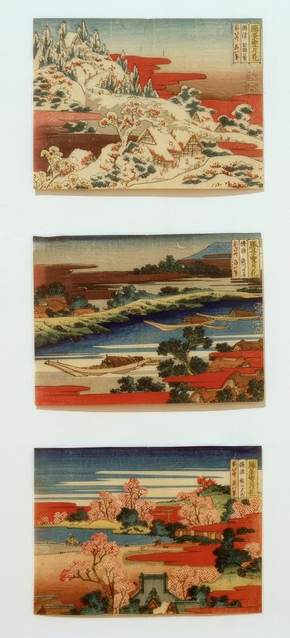Śnieg, księżyc i kwiaty w pięknych krajobrazach autorstwa Katsushika Hokusai
