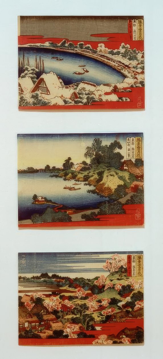 Śnieg, księżyc i kwiaty w pięknych krajobrazach autorstwa Katsushika Hokusai