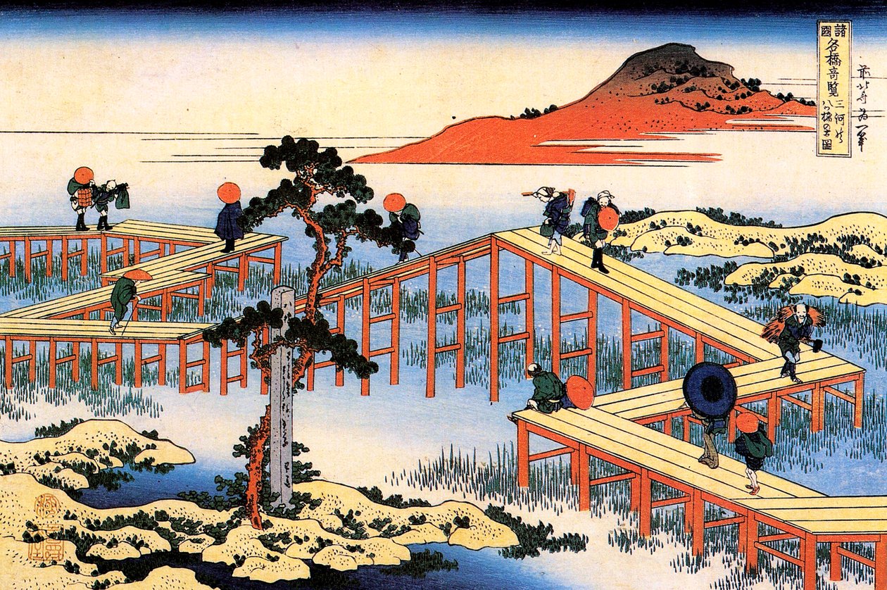 Yatsuhashi w prowincji Mikawa, ok. 1835. autorstwa Katsushika Hokusai