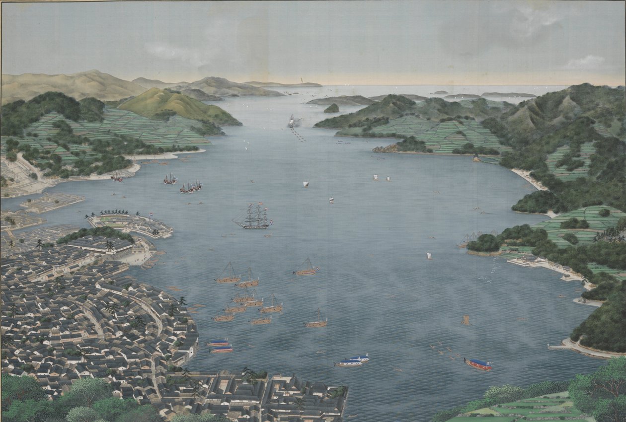 Port Nagasaki, ok. 1800-50 (malowanie na jedwabiu) autorstwa Kawahara Keiga