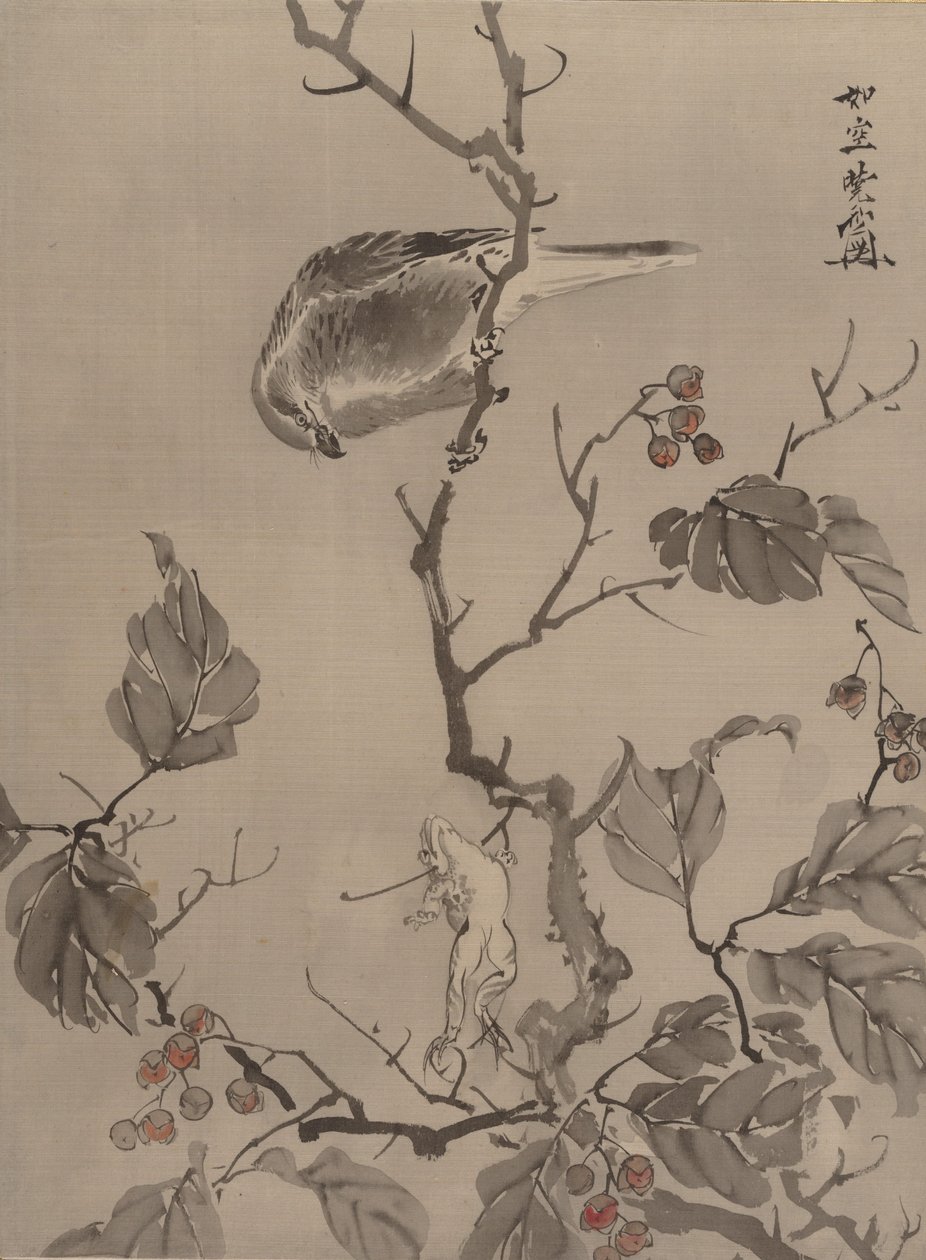 Ptak i żaba, ca. 1887. autorstwa Kawanabe Kyosai