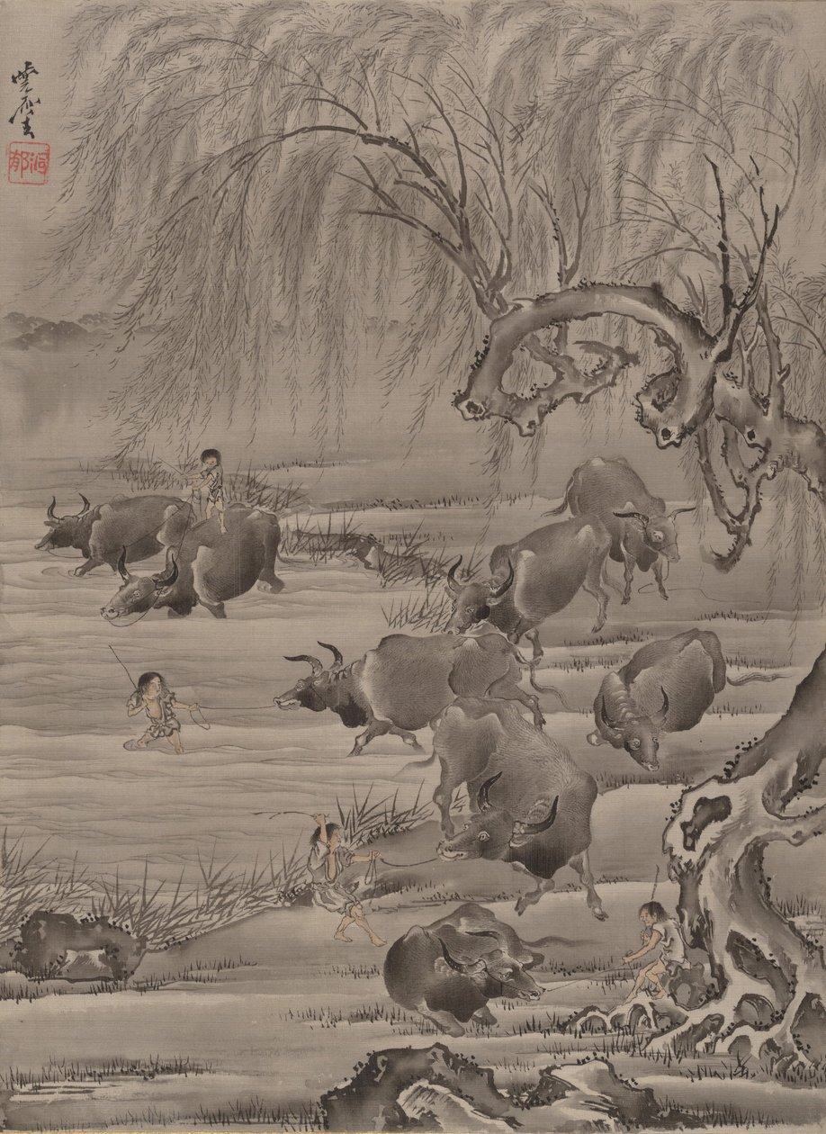 Bawół i Pasterz, ca. 1887. autorstwa Kawanabe Kyosai
