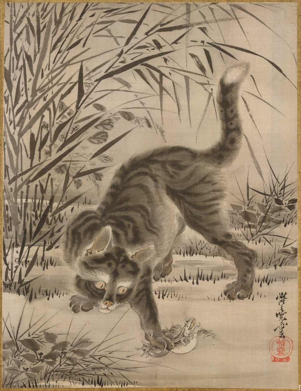 Kot łapiący żabę, ca. 1887. autorstwa Kawanabe Kyosai