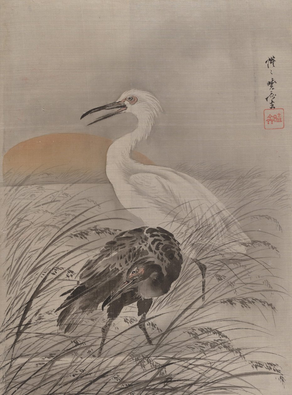 Dźwigi w bagnach, ca. 1887. autorstwa Kawanabe Kyosai