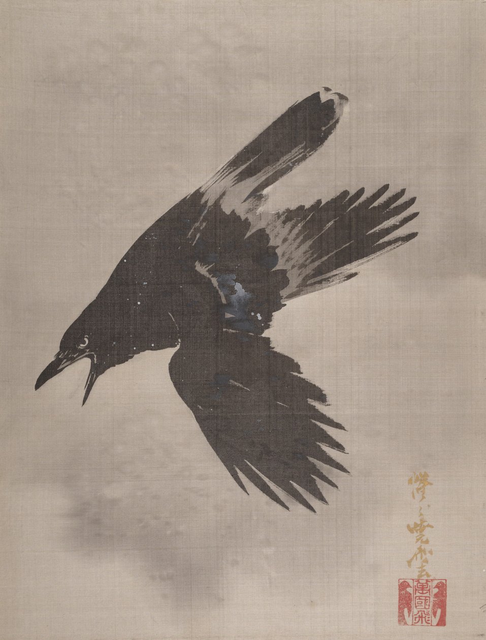 Wrona lecąca w śniegu, ok. godz. 1887. autorstwa Kawanabe Kyosai