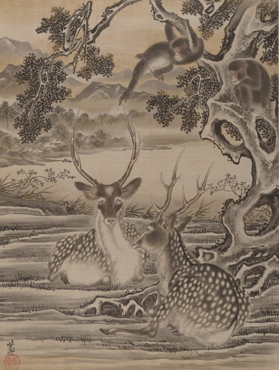 Jeleń i Małpy, ca. 1887. autorstwa Kawanabe Kyosai